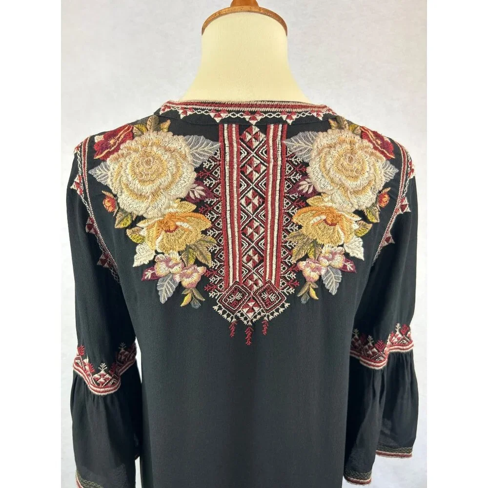 Johnny Was Black Embroidered Floral Silk Tunic Dress Womens S Artemis - Picture 10 of 13